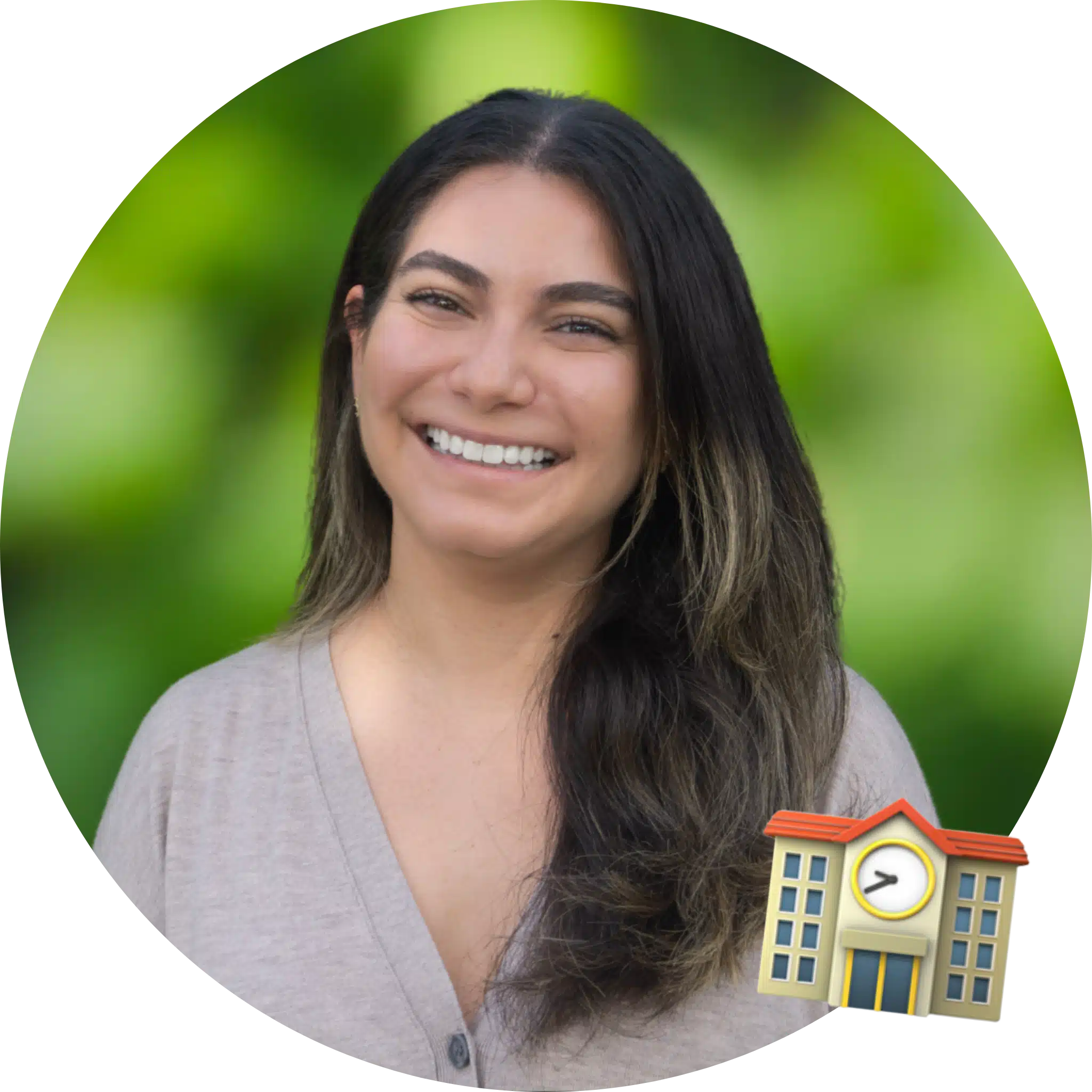 Circle cutout of Caroline, with a background of green leaves