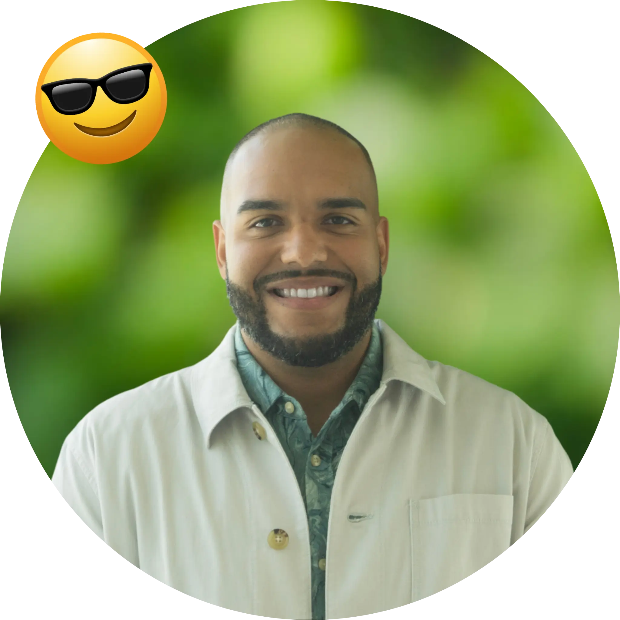 Circle cutout of Daniel, with a background of green leaves