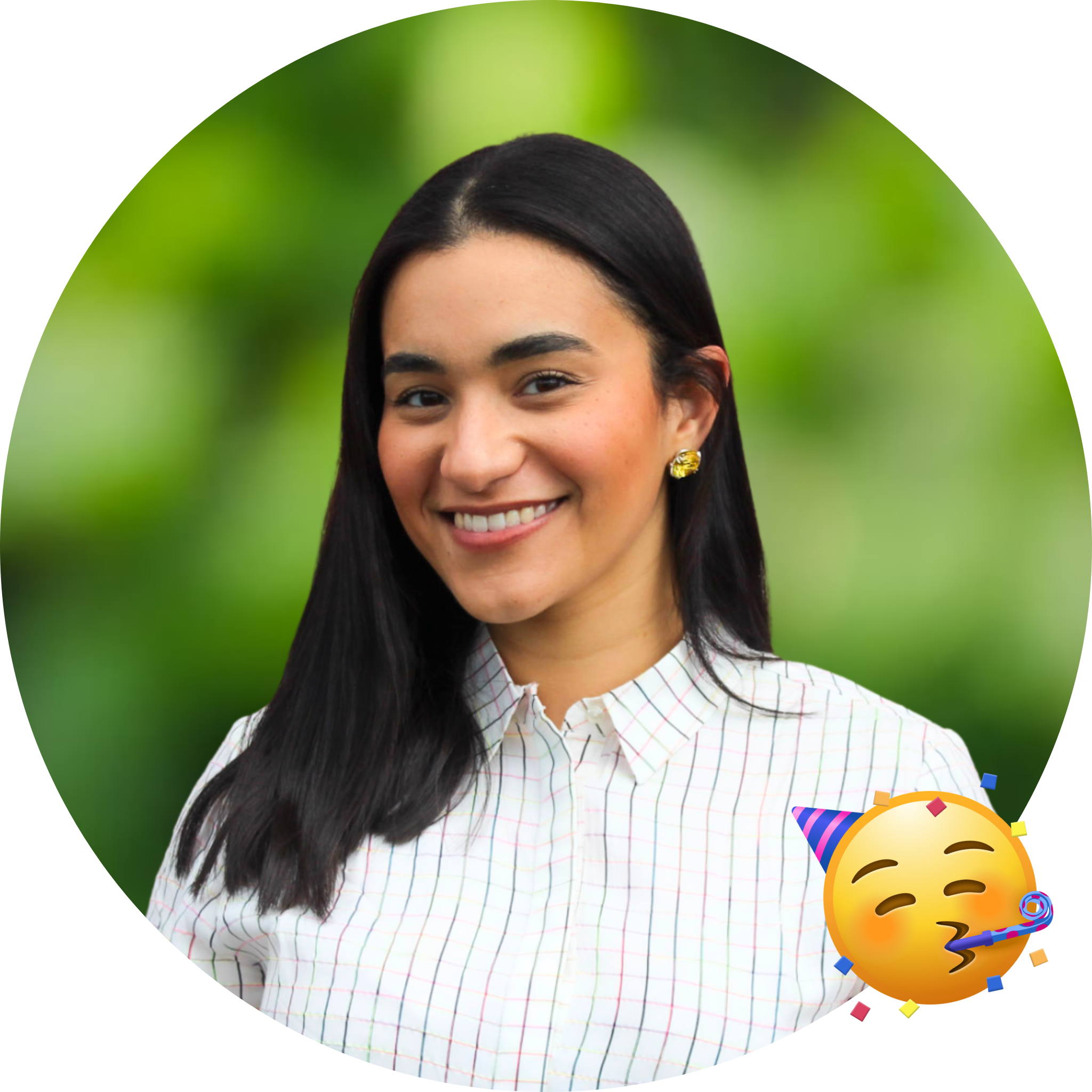 Circle cutout of Caroline, with a background of green leaves