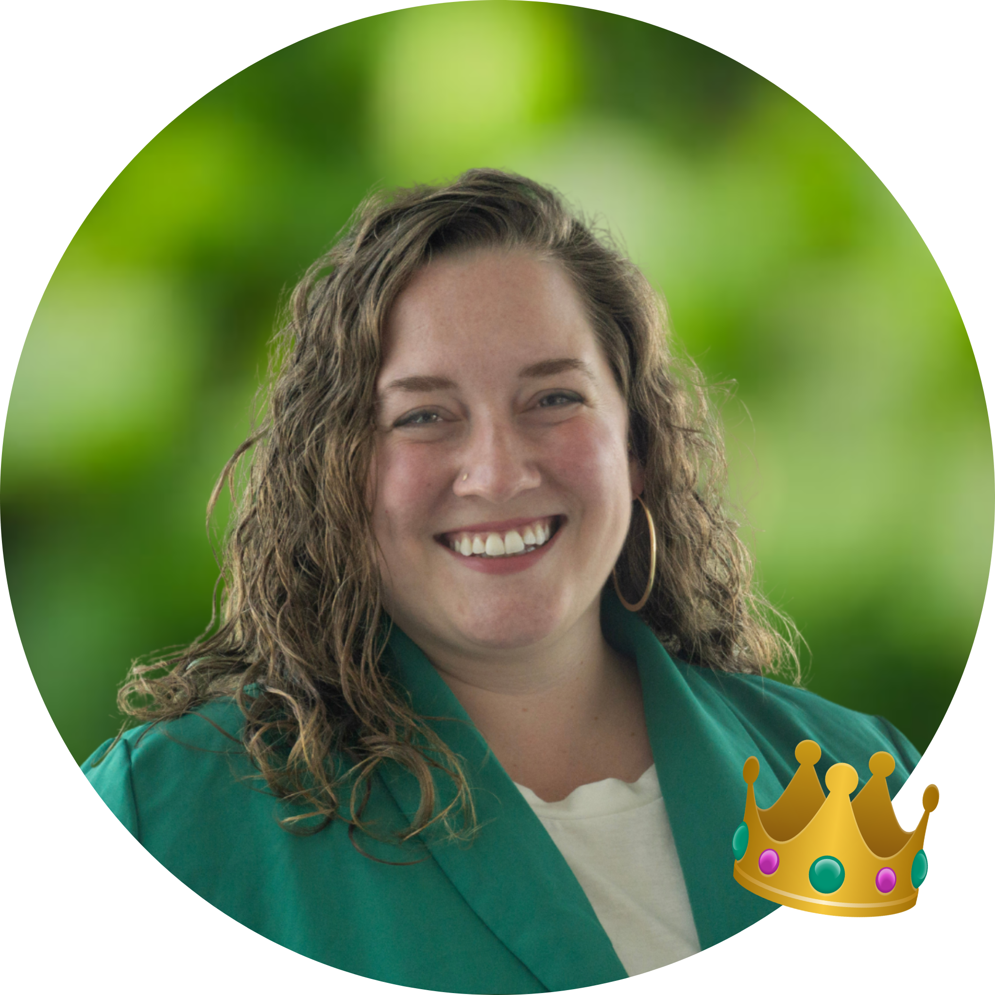 Circle cutout of Taylor, with a background of green leaves