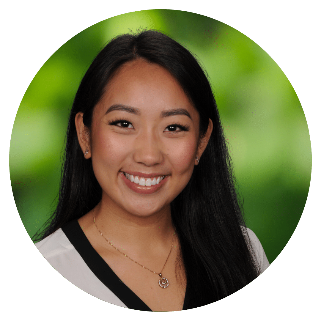 Circle cutout of Jessica L.'s professional headshot, with a background of leaves