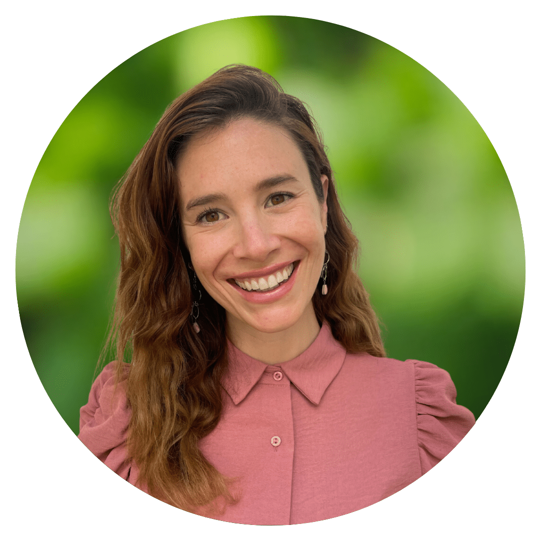 Circle cutout of McKenzie C.'s professional headshot, with a background of leaves