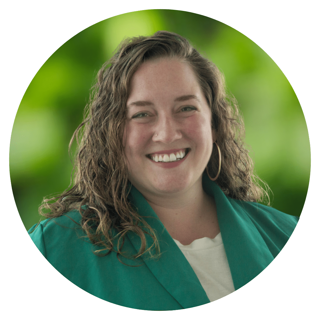 Circle cutout of Taylor P.'s professional headshot, with a background of leaves