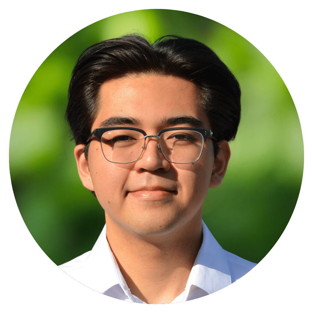 Circle cutout of Seiya S.'s professional headshot, with a background of leaves