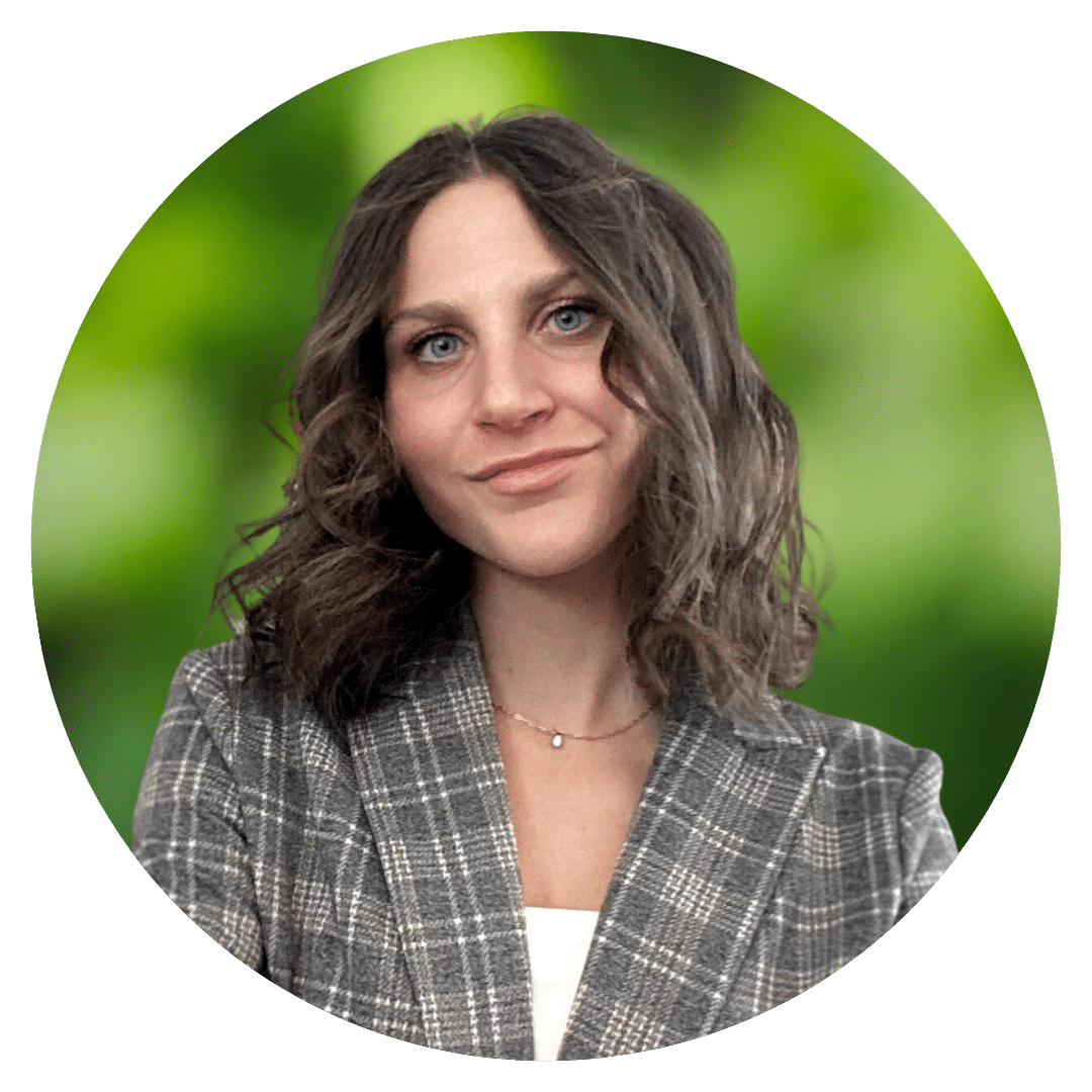 Circle cutout of Gemma W.'s professional headshot, with a background of leaves