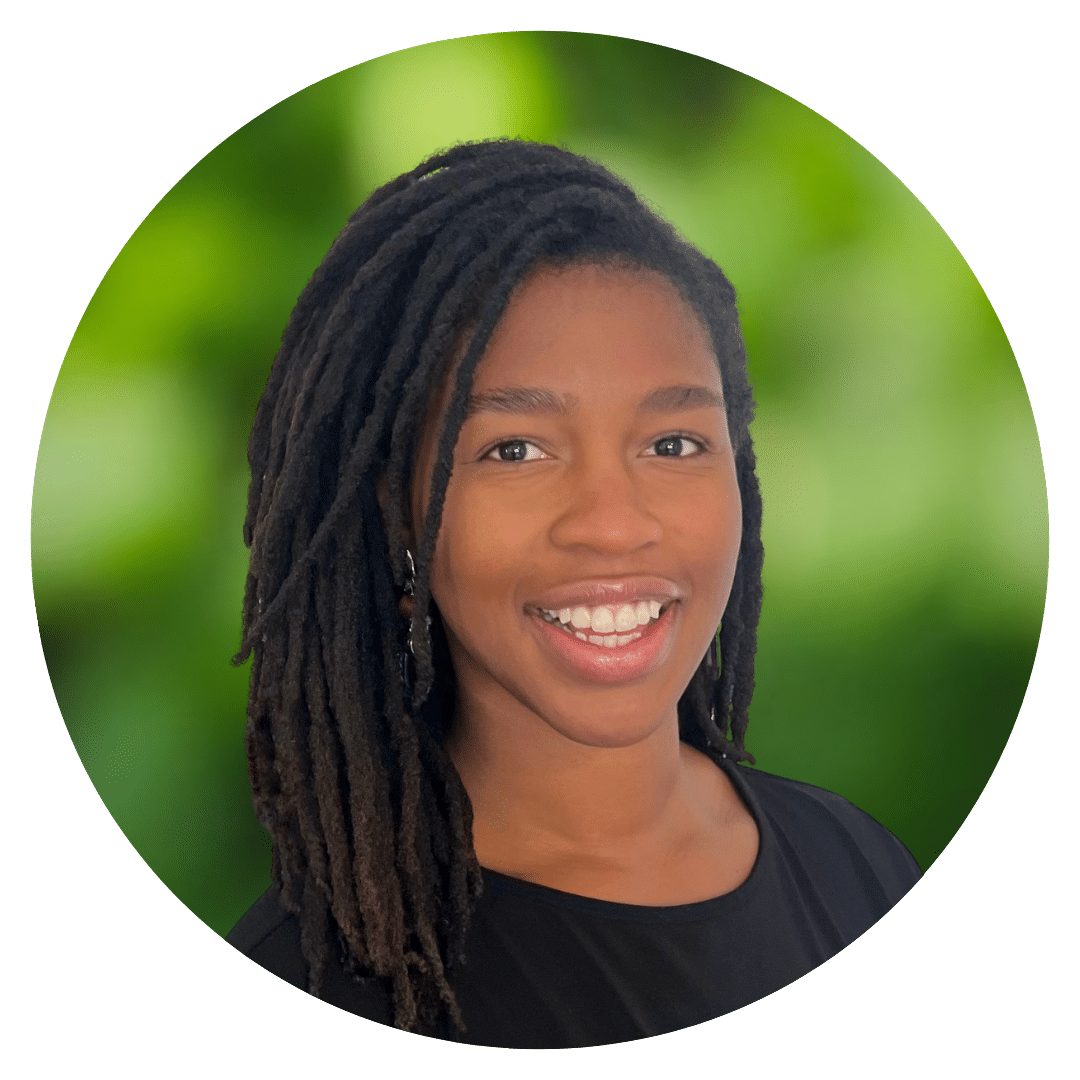 Circle cutout of Imani I.'s professional headshot, with a background of leaves