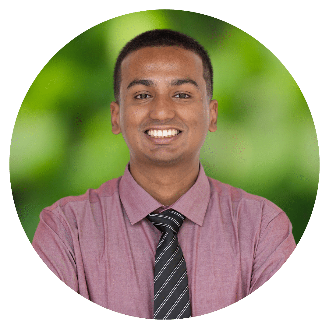 Circle cutout of Maim H.'s professional headshot, with a background of leaves