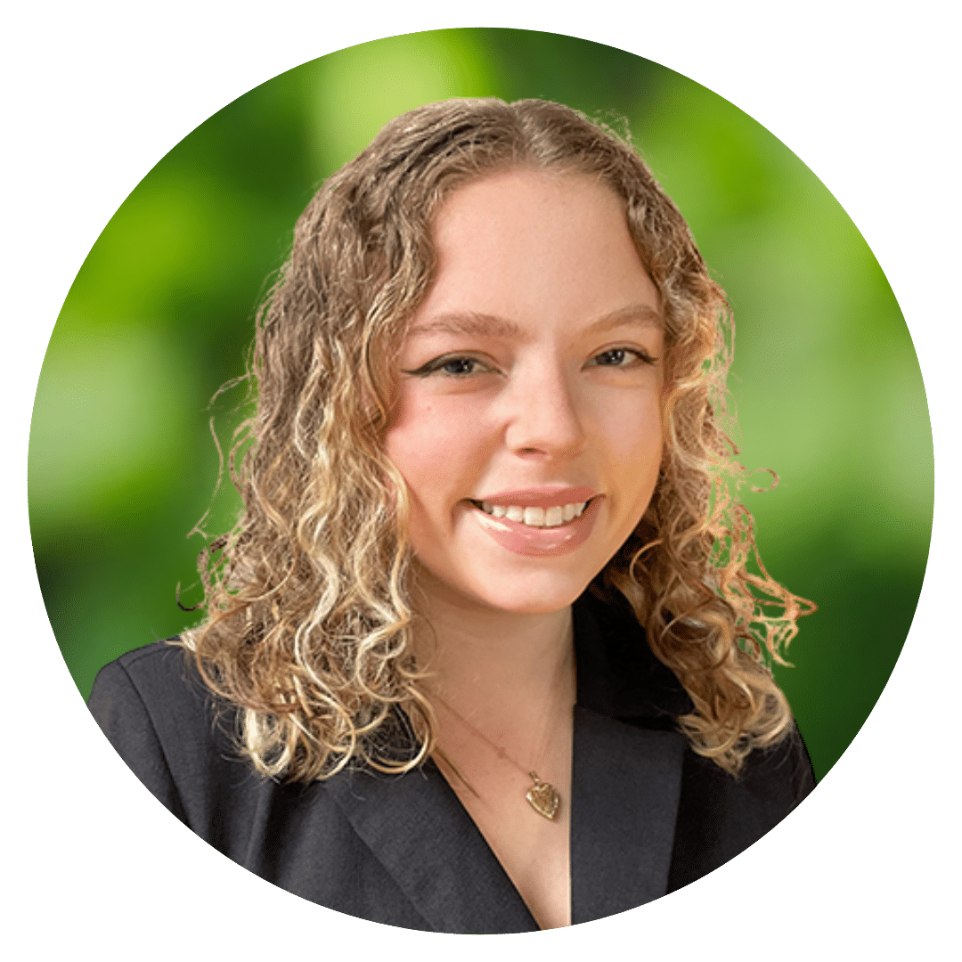 Circle cutout of Megan M.'s professional headshot, with a background of leaves