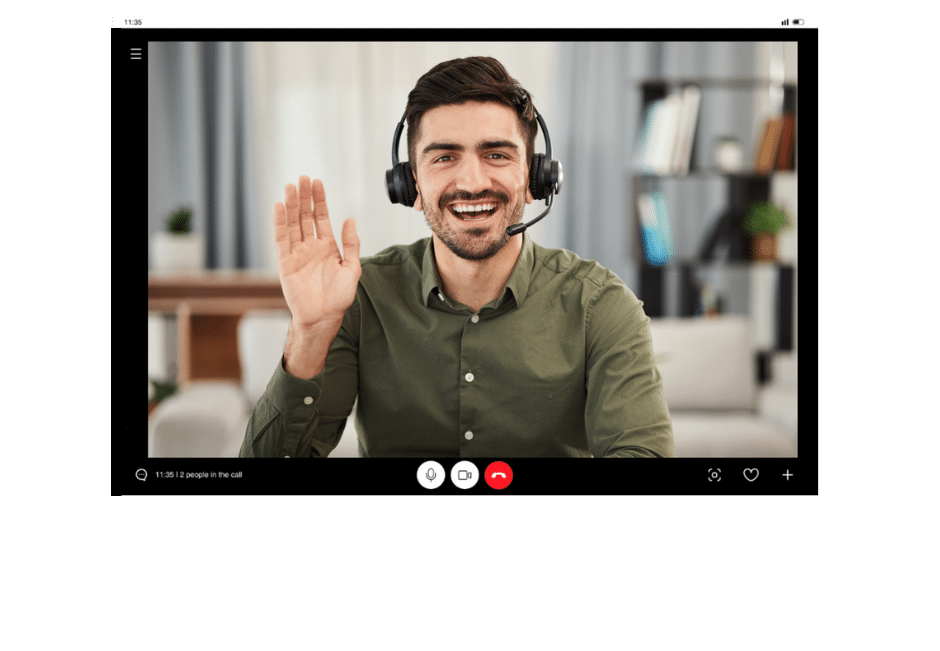 Cutout of a laptop showing a video call with a graduate admissions coach gesturing at the screen