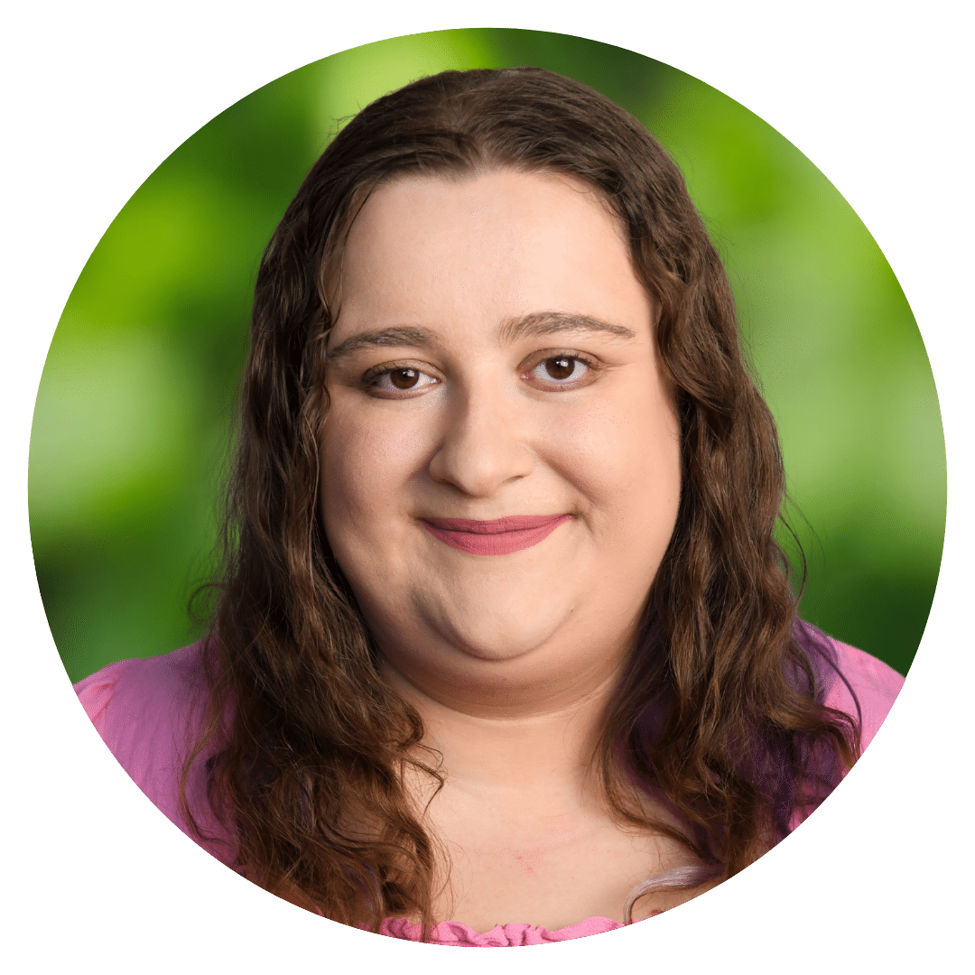 Circle cutout of Olivia R.'s professional headshot, with a background of leaves