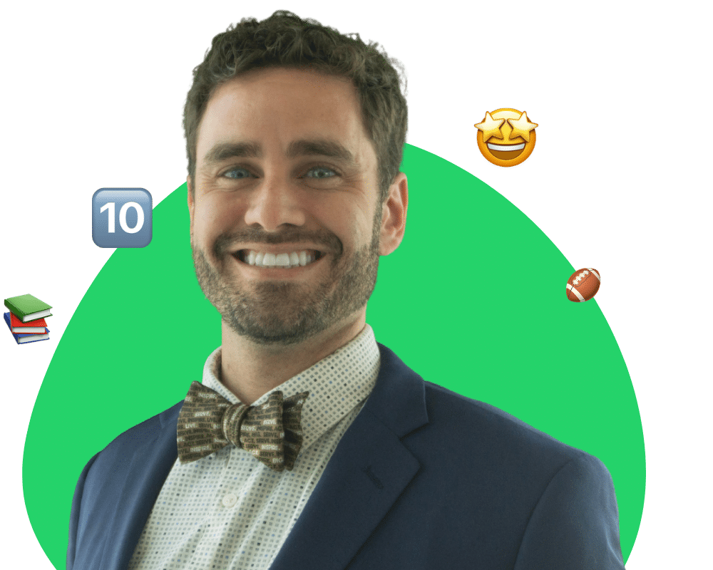 Big 10 webinar host James surrounded by a 10 emoji, star eyes emoji, stacked books emoji, and a football emoji