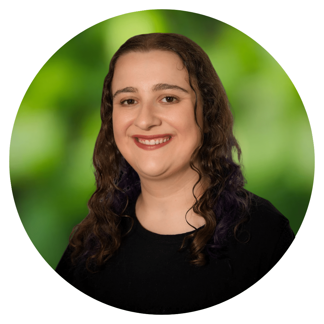 Circle cutout of Olivia R.'s professional headshot, with a background of leaves