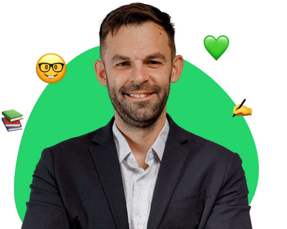 Cutout headshot of Dr. Glen Water with a stacked book emoji, nerd emoji, green heart emoji, and writing emoji