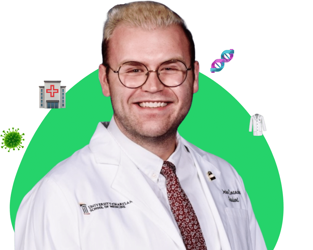 Pre-med and BS/MD webinar host Peter surrounded by a DNA emoji, hospital emoji, germ emoji, and a white coat emoji