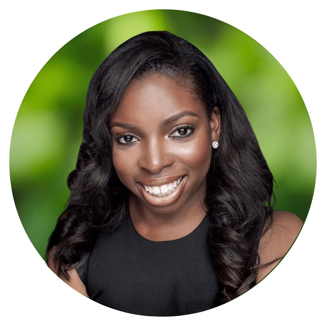 Circle cutout of Somi O.'s professional headshot, with a background of leaves