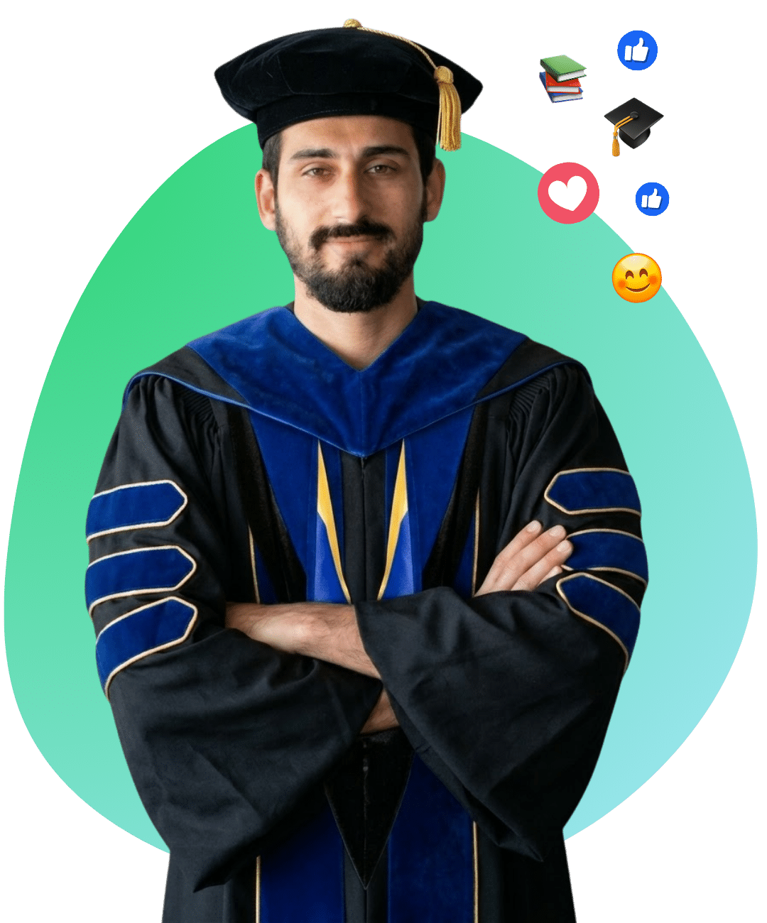 Prepory graduate student smiling wearing his regalia for his graduation